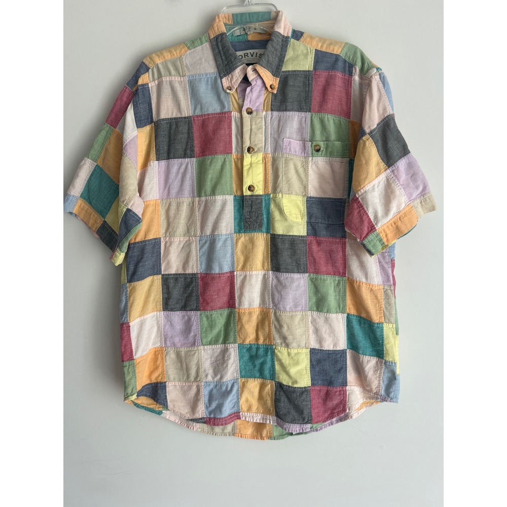 Vintage Orvis Patchwork Popover Shirt Mens M Pastel Madras Pullover 90s Coastal